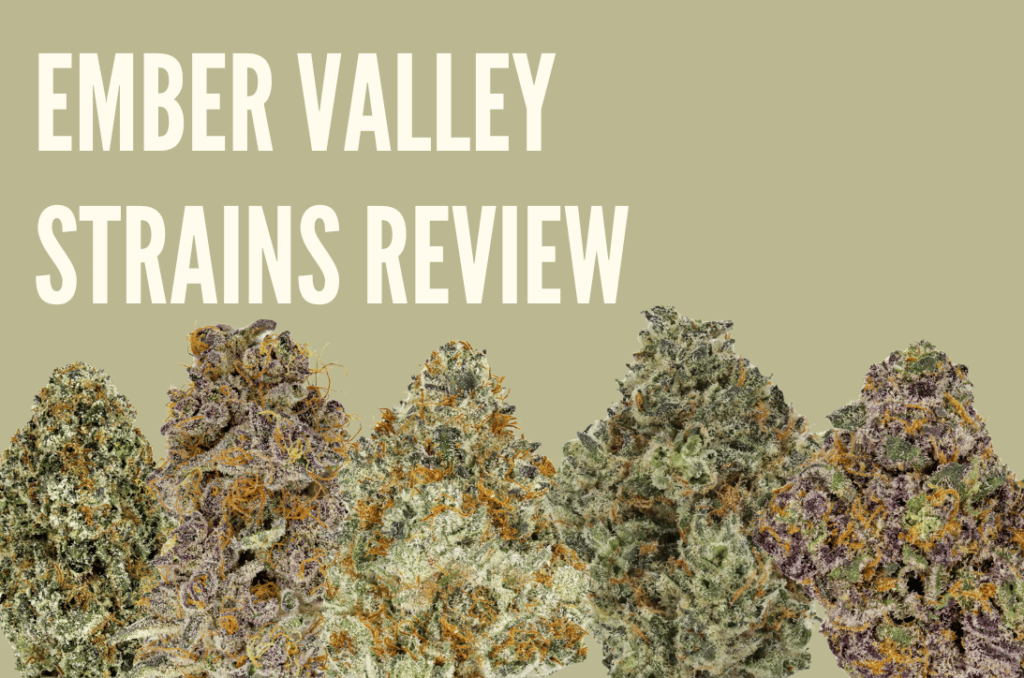 The text Ember Valley Strains Review appears above 5 different weed strain bugs from Ember Valley.