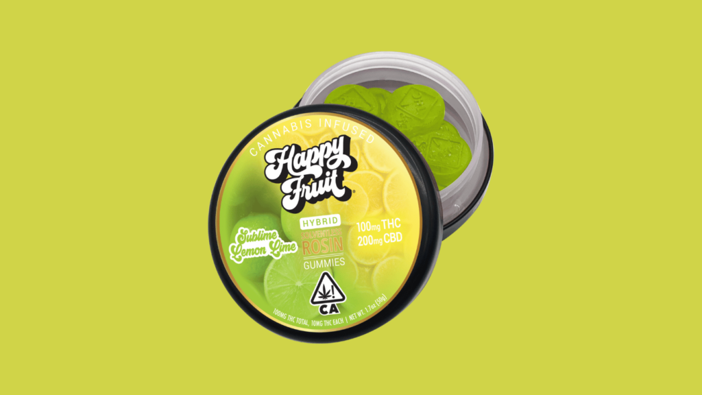 An image of an open container of cbd happy fruit delta 9 live rosin gummies against a lime green background. The gummies inside the container are visible and are lemon-lime flavored. Product image by Happy Fruit.