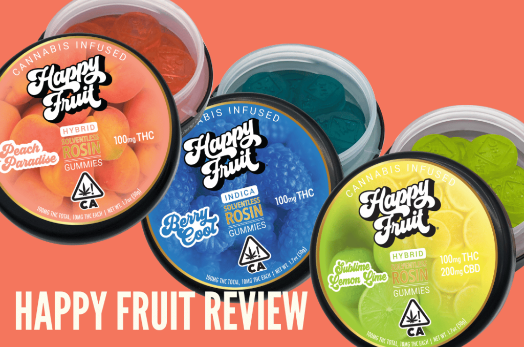 Three containers of happy fruit delta 9 live rosin gummies against an orange background. The gummies inside the container are visible and are lemon-lime, peach and blue raspberry flavored flavored. Text says Happy Fruit Review.