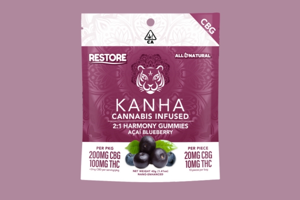 Restorative CBG infused Blueberry Acai CBG and THC Gummies available at KindPeoples Weed Dispensary in Santa Cruz.